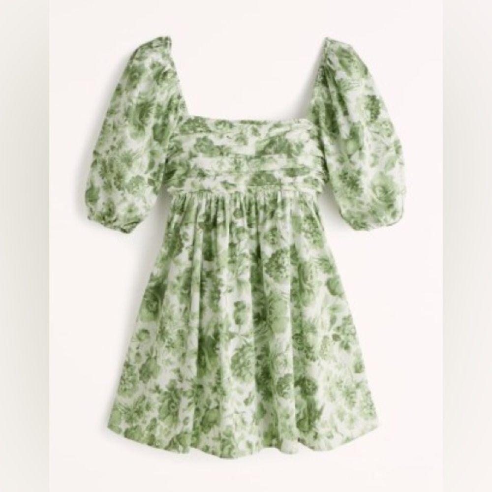 Abercrombie & Fitch Green Floral Puff-Sleeve Mini Dress